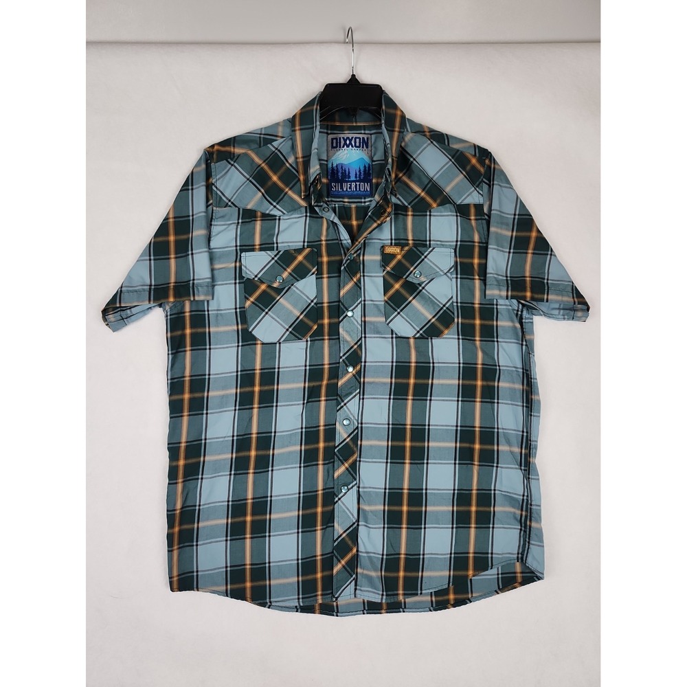 Dixxon Silverton Shirt Mens L Teal Blue Plaid Pearl Snap Short Sleeve Bamboo